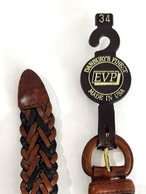 Vintage Danbury's Finest Leather Brown Black Braided Belt Mens Size 34